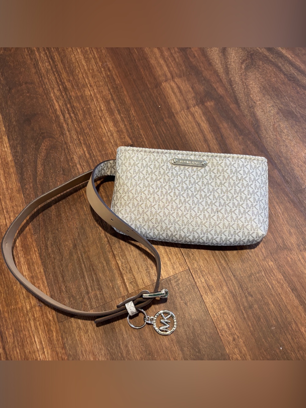 Michael Kors Beige Logo mini crossbody belt bag with brown strap
